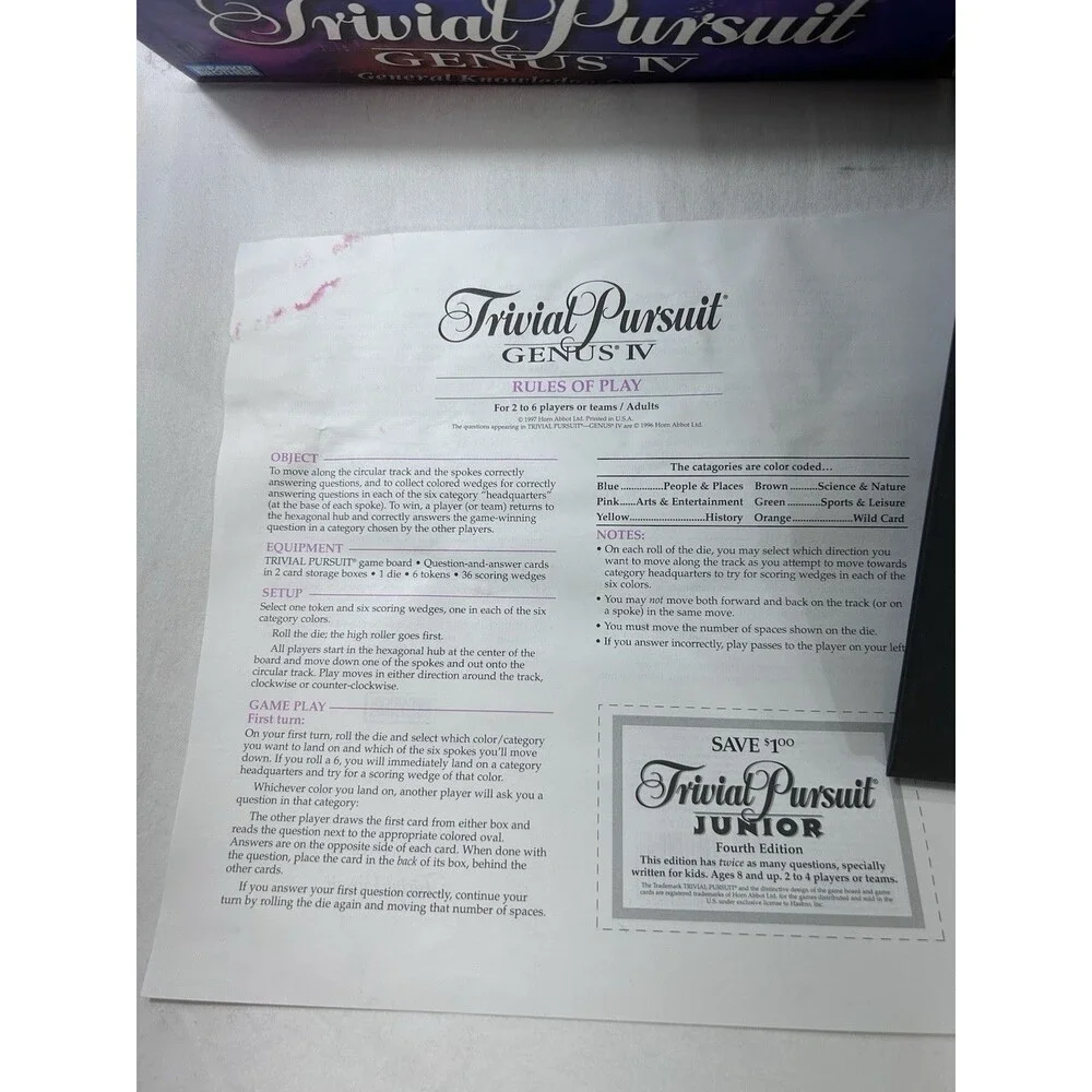 Trivial Pursuit Genus IV 1996 Parker Brothers Board Game